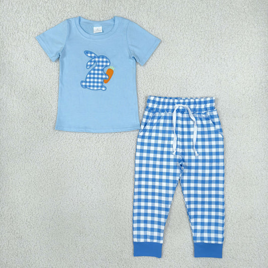 Embroidery BSPO0705 Easter Bunny Rabbit Blue Short Sleeve Checkered Pants Boys Set