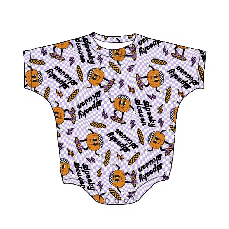 Custom spooky smile pumpkin purple checkered short sleeve girls romper