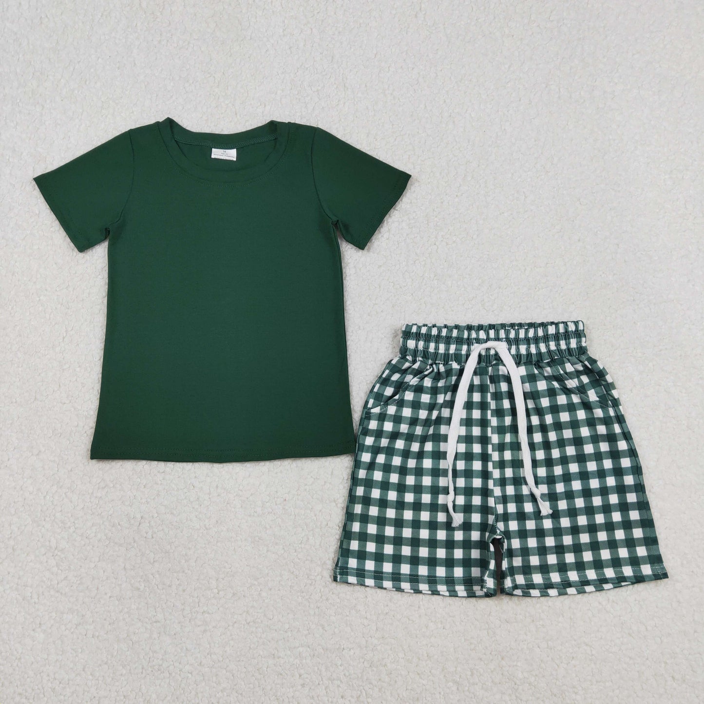 BSSO1885 Green Short Sleeve Green Checkered Shorts Boys Set