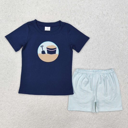 BSSO1193 beach navy blue short sleeve blue striped shorts boys set