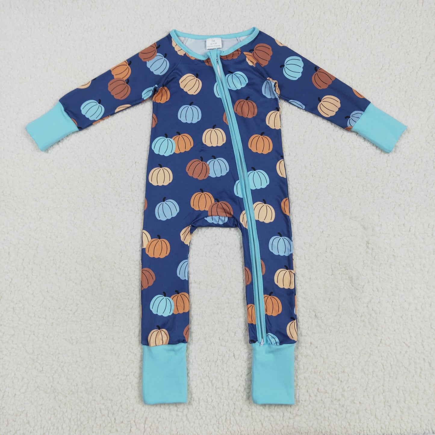 Custom moq 20 bamboo colorful pumpkin navy blue long sleeve zipper boys romper