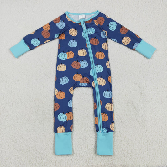 Custom moq 20 bamboo colorful pumpkin navy blue long sleeve zipper boys romper