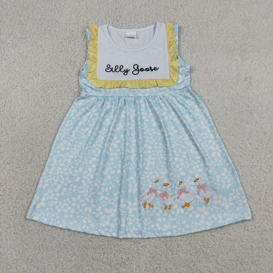 Embroidery GSD2970 silly goose bows blue flowers girls dress