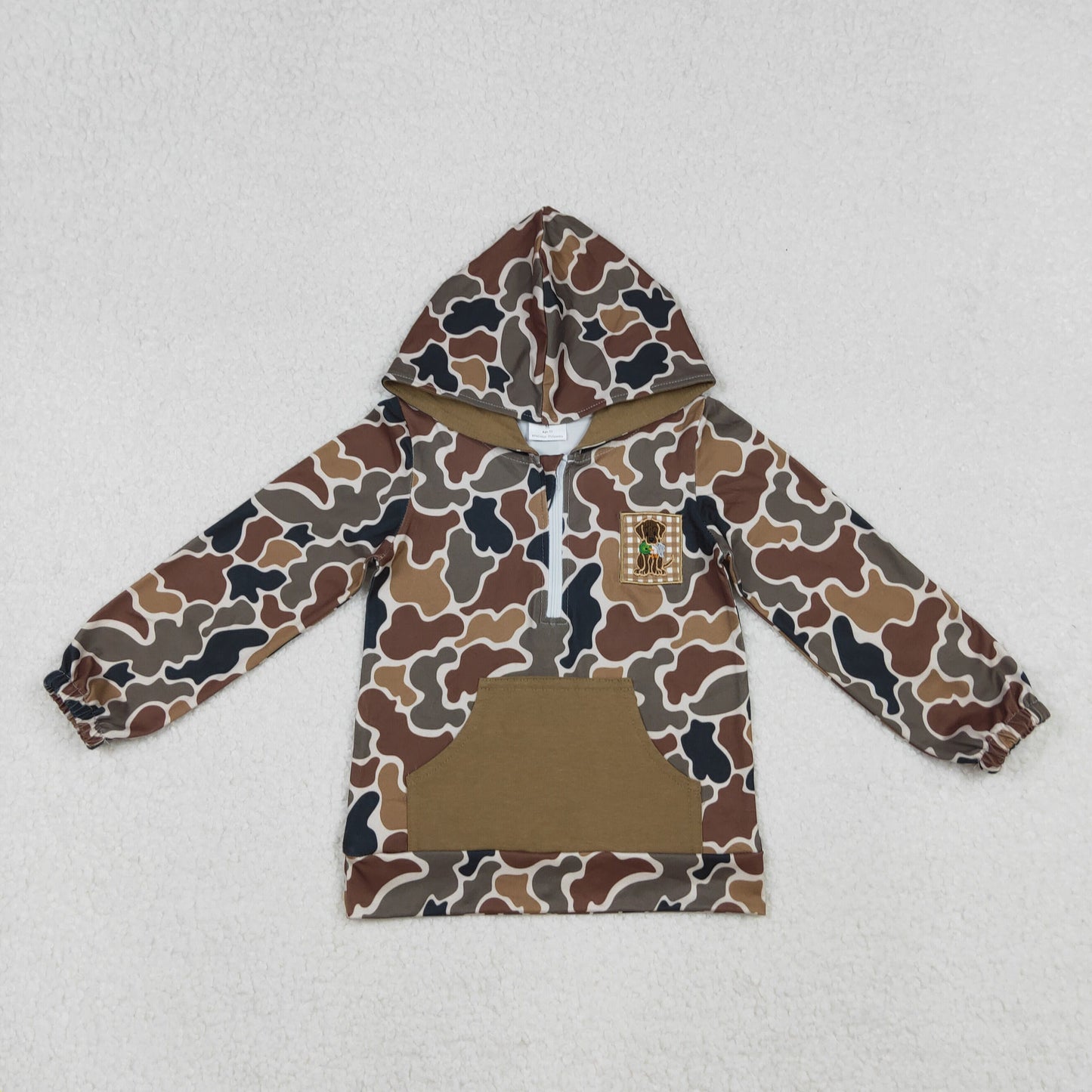 BT1300 embroidery hunting dog brown camo pocket hoodie long sleeve boys top