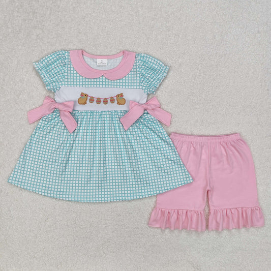 embroidery GSSO1882 Easter bunny rabbit egg bows mint color checkered short sleeve pink shorts girls set