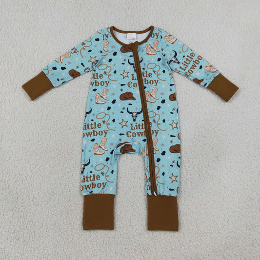 LR3124 Little Cowboy Blue Zipper Long Sleeve Boys Romper
