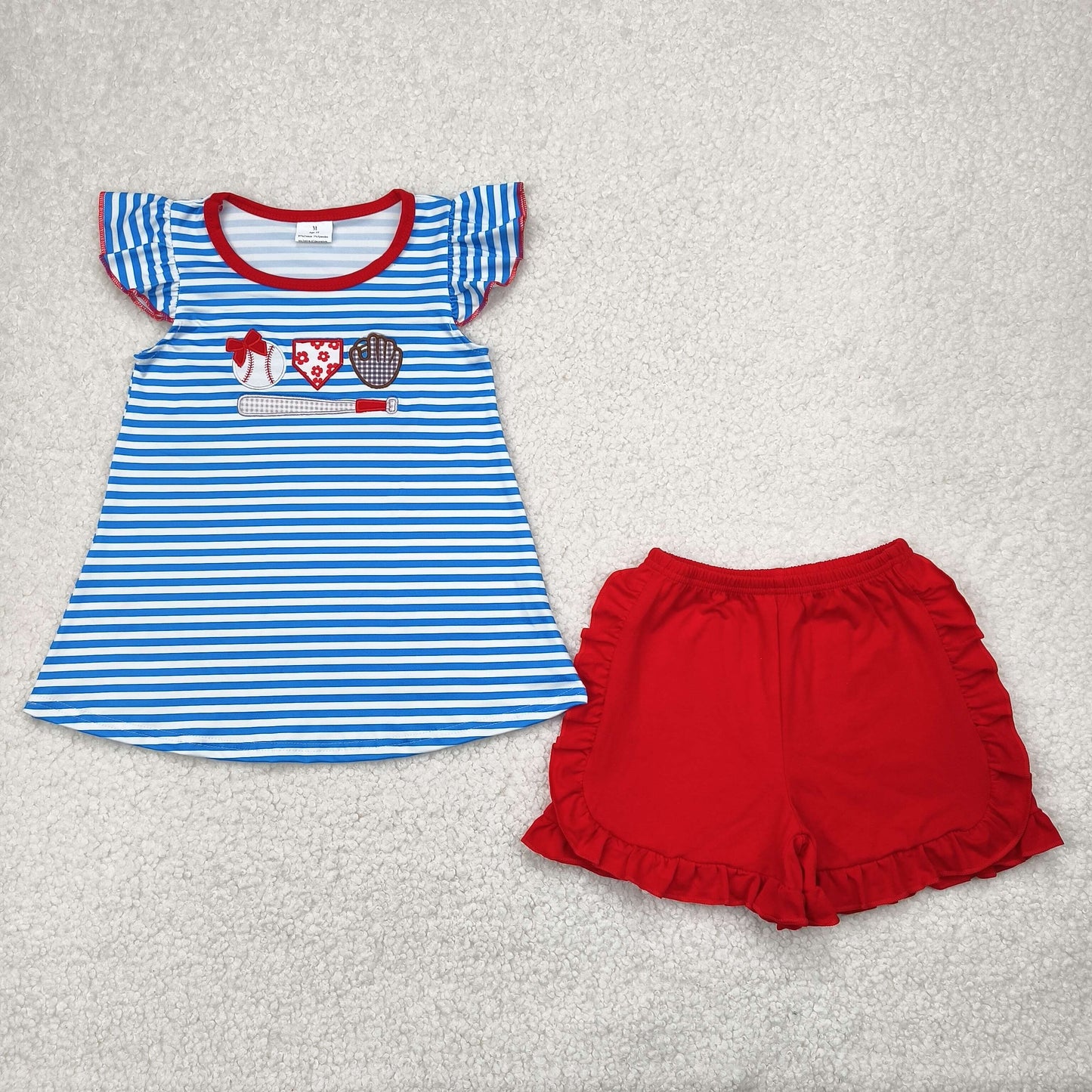 embroidery GSSO2348 baseball blue striped flutter sleeve red shorts girls set