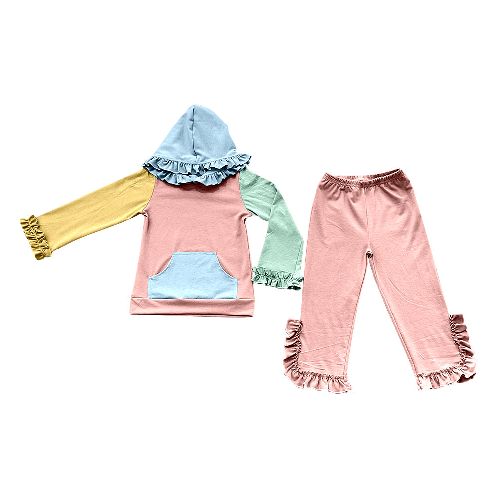 custom yellow pink blue pocket hoodie long sleeve ruffles pants girls set