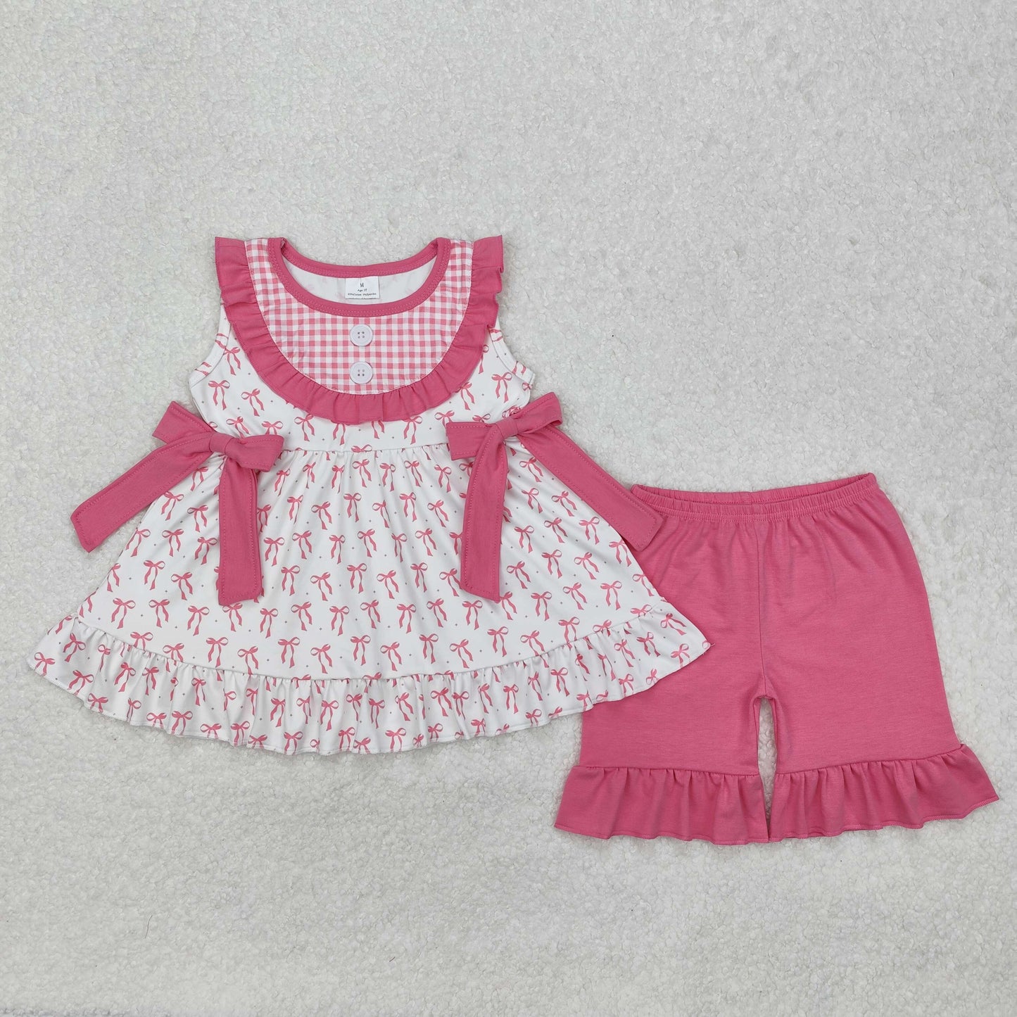 GSSO1639 pink bows ruffles checkered sleeveless pink shorts girls set