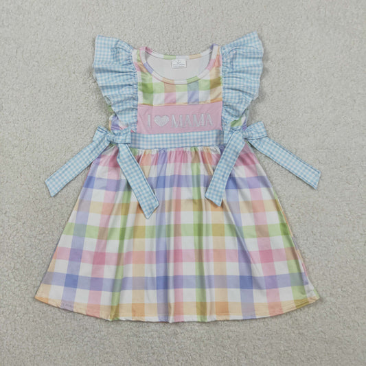 Embroidery GSD2940 i love mama colorful checkered bows girls dress