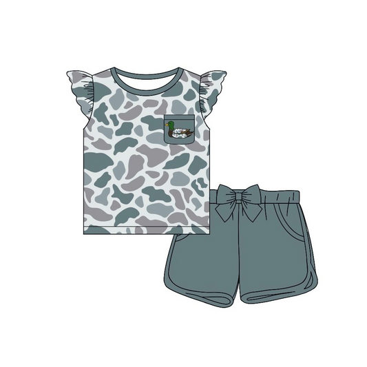 preorder GSSO1510 duck camo hunting camo mallard pocket flutter sleeve grey shorts girls set