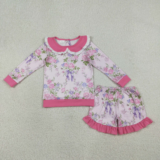 GLS0082 Flowers Bows Pink Long Sleeve Shorts Girls Set