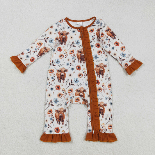 Custom moq 20 bamboo highland cow flowers brown long sleeve zipper girls romper