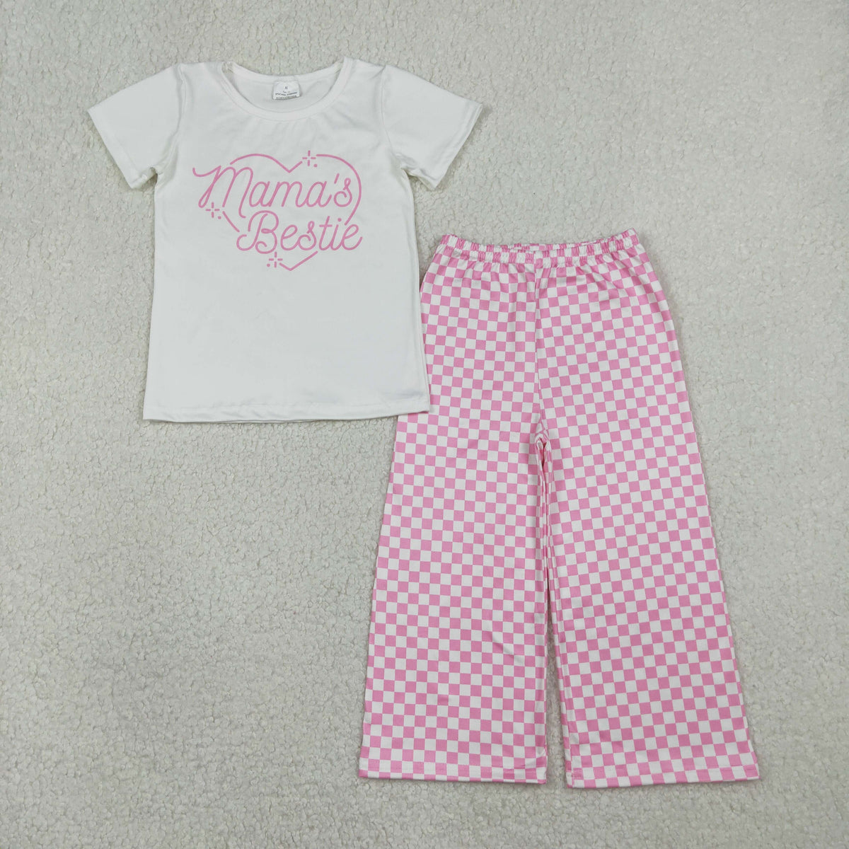 GSPO2249 Mama's Bestie Heart Short Sleeve Pink Checkered Pants Girls Set