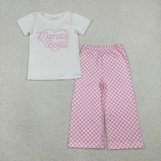 GSPO2249 Mama's Bestie Heart Short Sleeve Pink Checkered Pants Girls Set