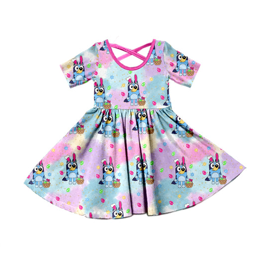custom Cartoon dog purple short sleeve girls dress