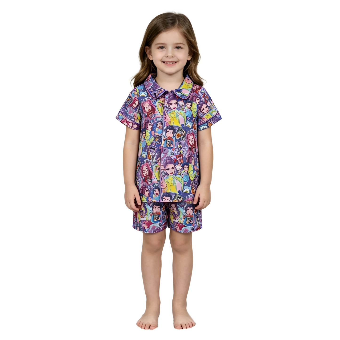 GSSO3087 Cartoon Hunter K Purple Short Sleeve Shorts Girls Pajamas