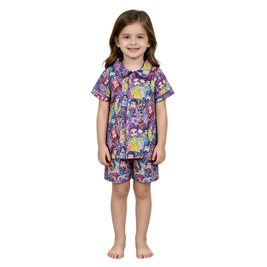 GSSO3087 Cartoon Hunter K Purple Short Sleeve Shorts Girls Pajamas