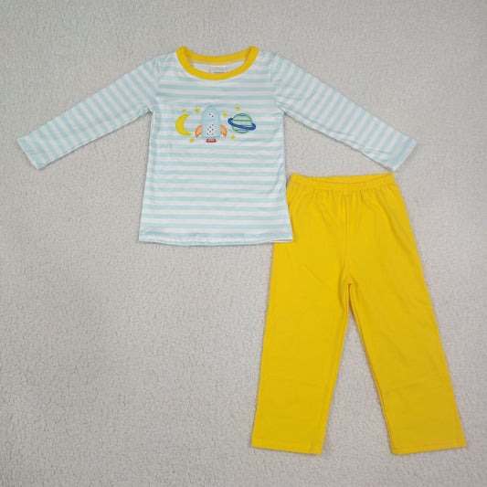 Embroidery BLP1455 Cartoon Moon Blue Striped Long Sleeve Yellow Pants Boys Set