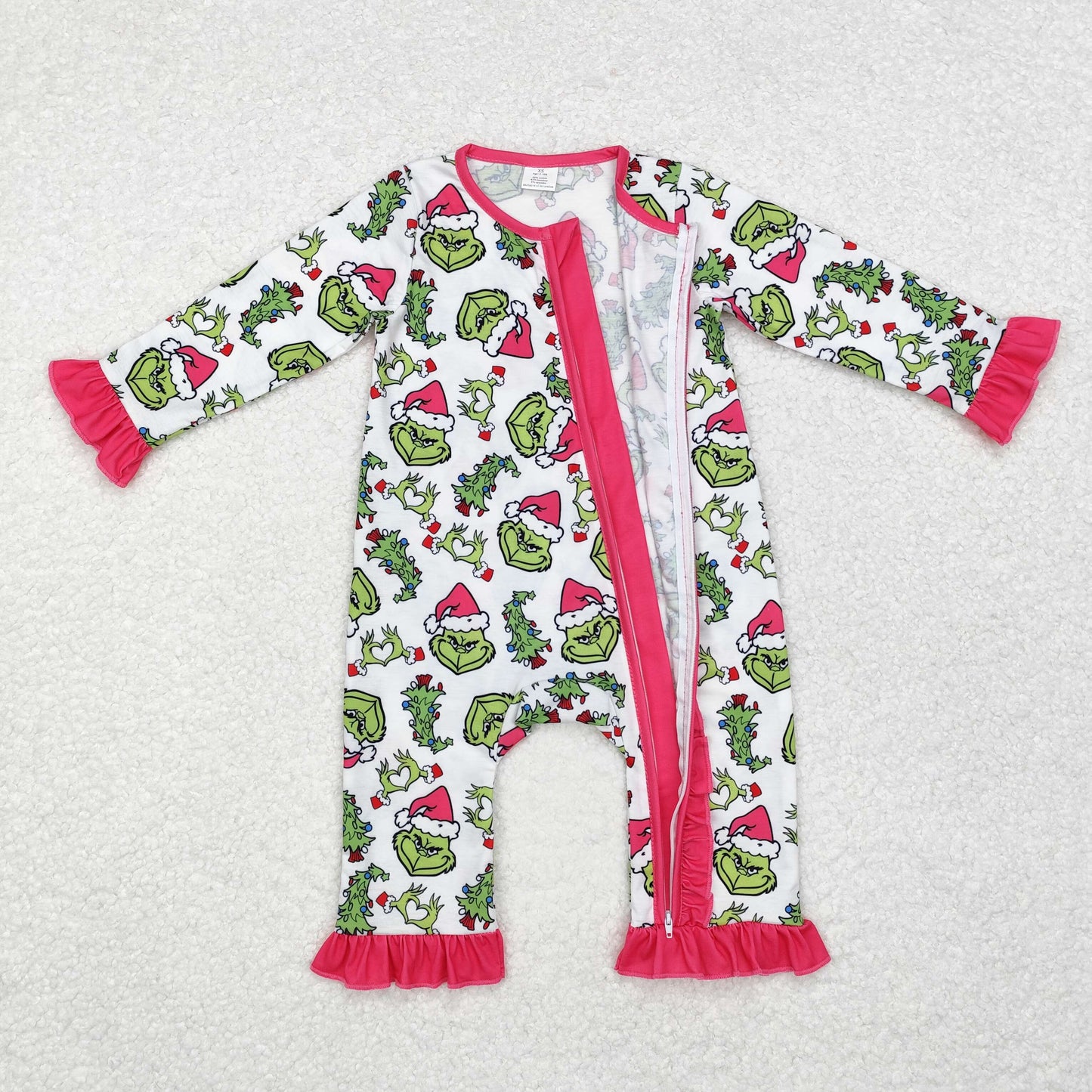 LR1337 bamboo Christmas green face hot pink long sleeve zipper girls romper