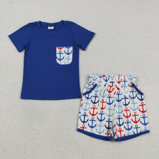 BSSO1874 July 4th Anchor Pocket Navy Blue Short Sleeve Shorts Boys Set