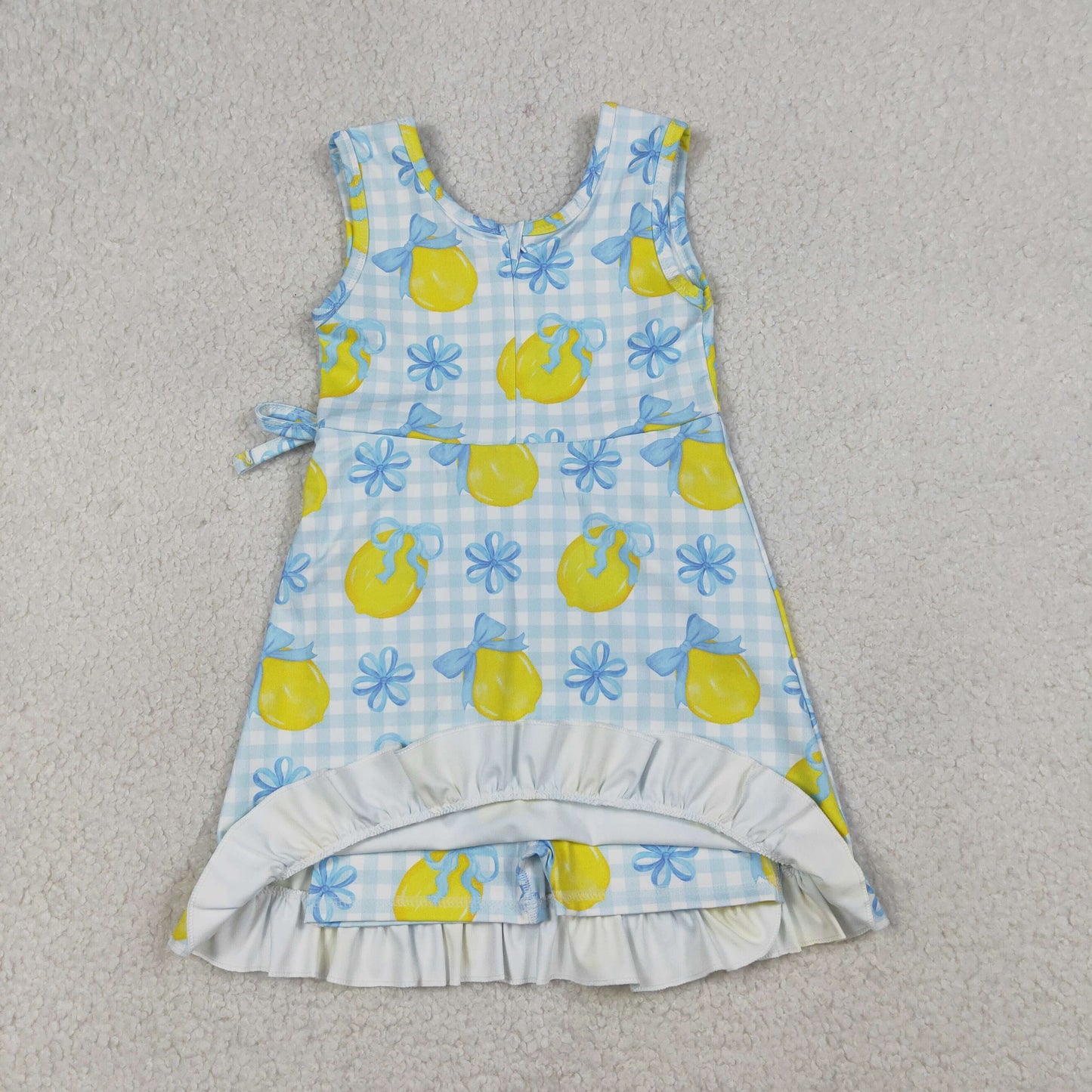 GSD3684 Yoga Lemon Bows Blue Checkered Sleeveless Skorts Girls Dress