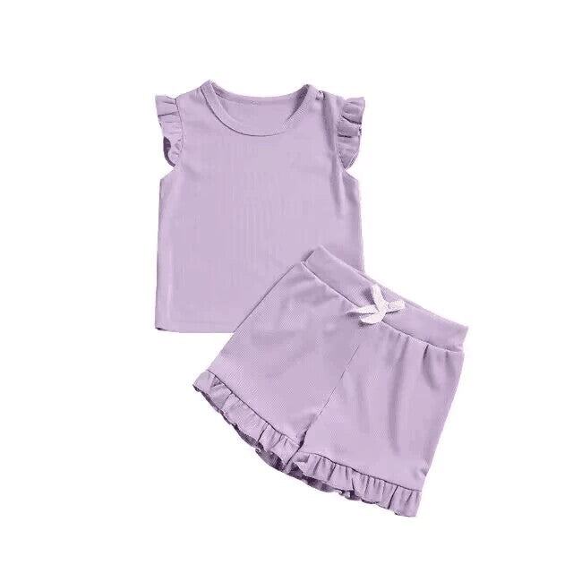 custom S cotton purple flutter sleeve shorts girls set
