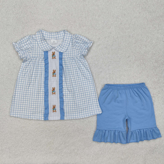 embroidery GSSO1583 Easter bunny rabbit checkered short sleeve blue shorts girls set