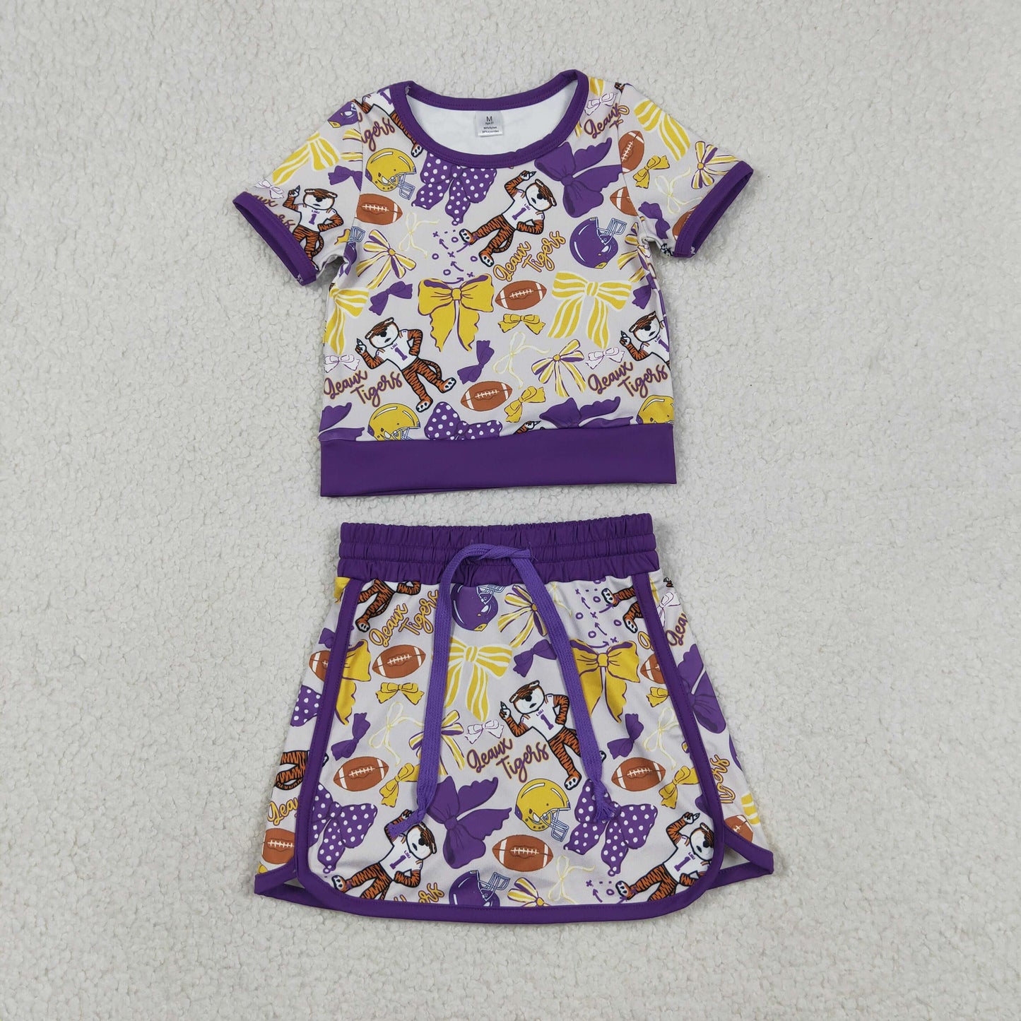 GSD3695 Yoga Football Item Bows Purple Sleeveless Skorts Girls Set