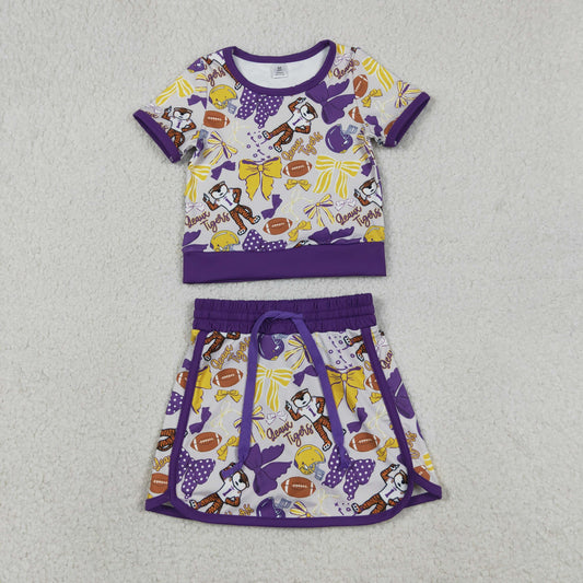 GSD3695 Yoga Football Item Bows Purple Sleeveless Skorts Girls Set