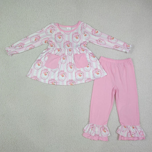 GLP3456 Christmas Santa Pockets Long Sleeve Pink Pants Girls Set