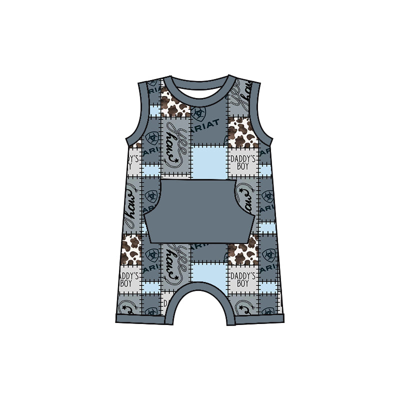 custom style daddy's boys grey blue pocket sleeveless boys romper