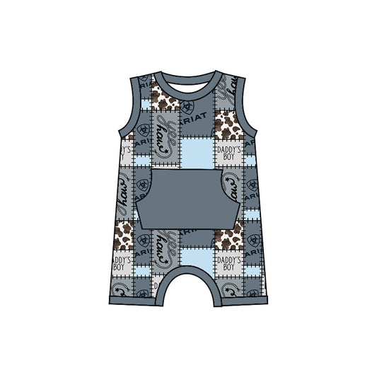custom style daddy's boys grey blue pocket sleeveless boys romper
