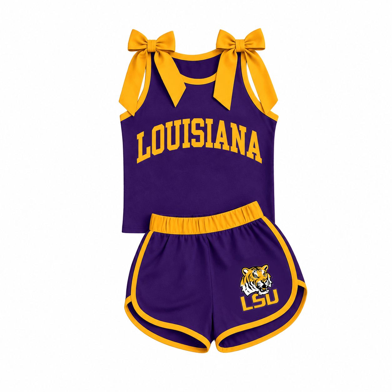 preorder GSSO3832 LOUISIANA Purple & Orange Bows Sleeveless Shorts Girls Set