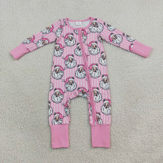 LR3125 Christmas Santa Pink Zipper Long Sleeve Girls Romper