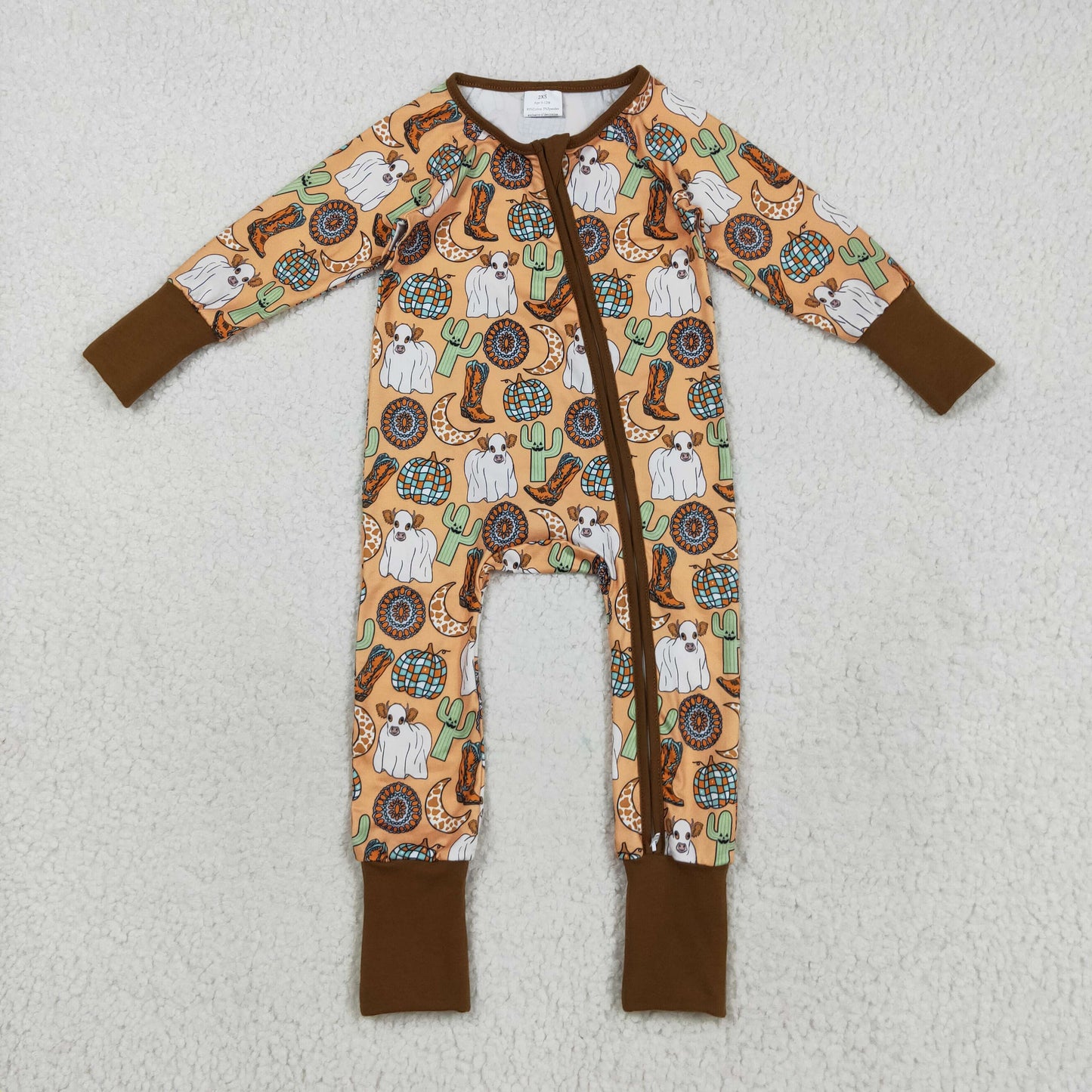Custom moq 20 bamboo Western cactus boot brown zipper long sleeve girls  romper