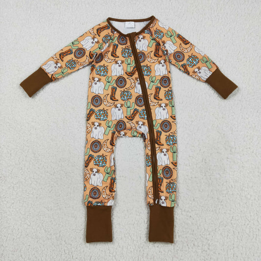 Custom moq 20 bamboo Western cactus boot brown zipper long sleeve girls  romper