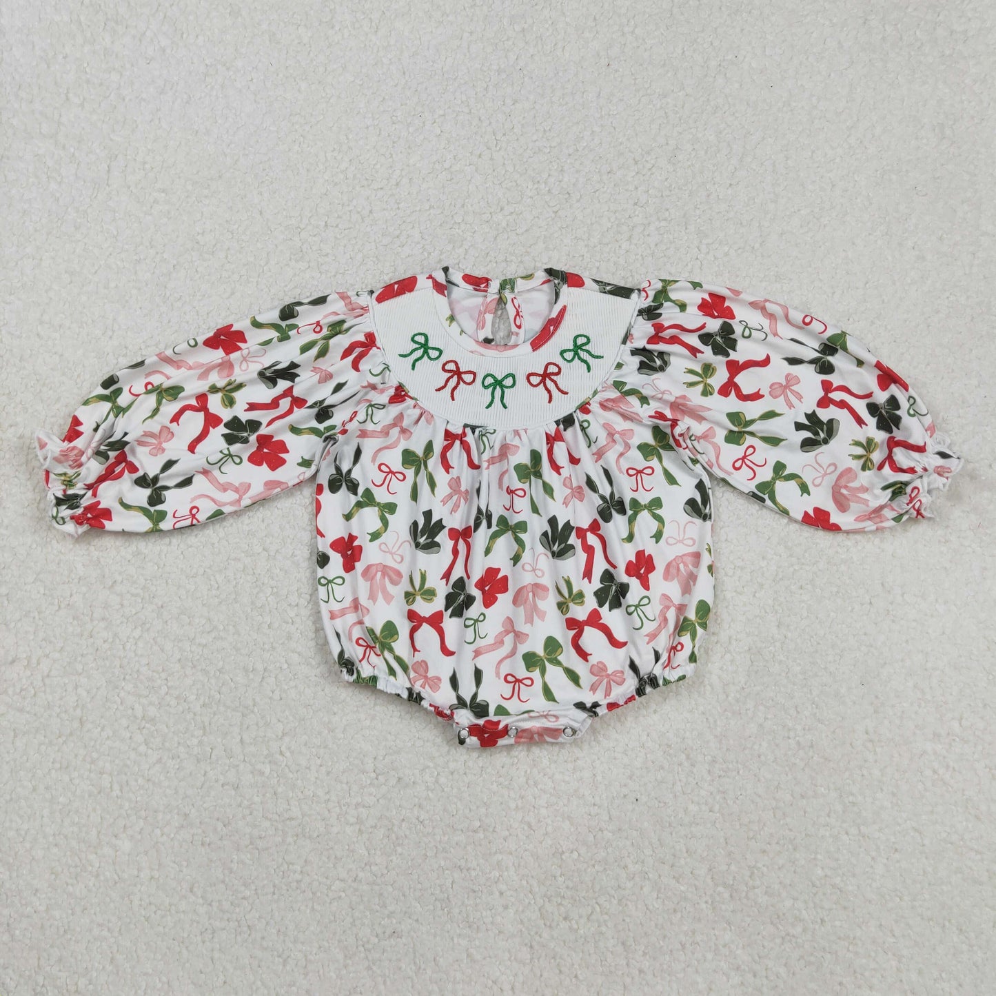 LR2185 smocked embroidery Christmas green/red bows long sleeve girls romper