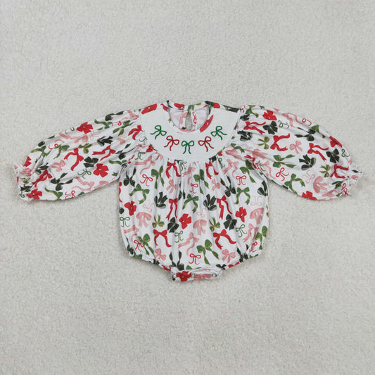 LR2185 smocked embroidery Christmas green/red bows long sleeve girls romper