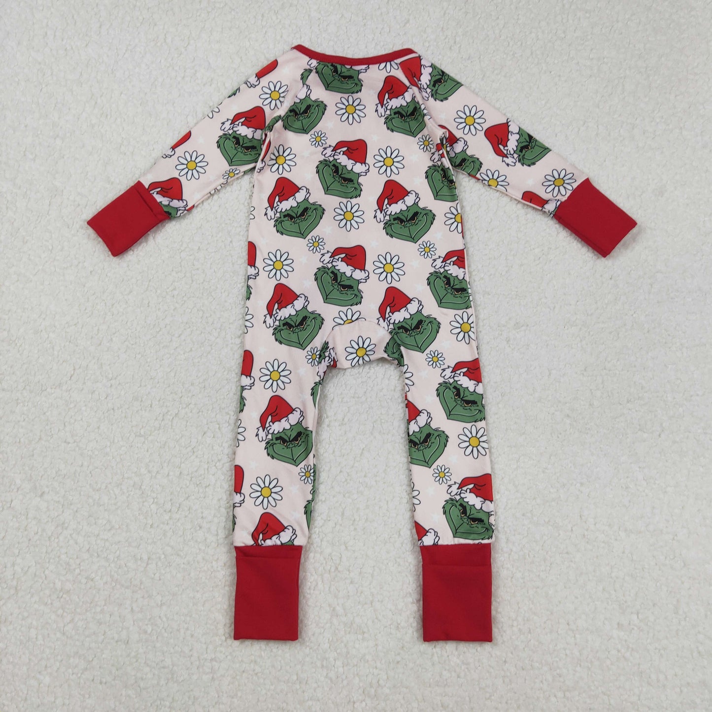 LR2489 Christmas green face flowers long sleeve zipper girls romper