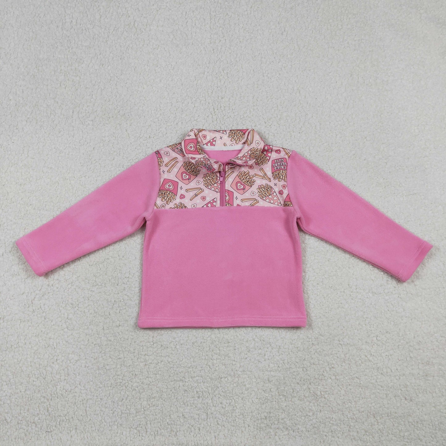 GT1504 Sherpa Valentine's Day Heart Chips Pink Zipper Long Sleeve Girls Top