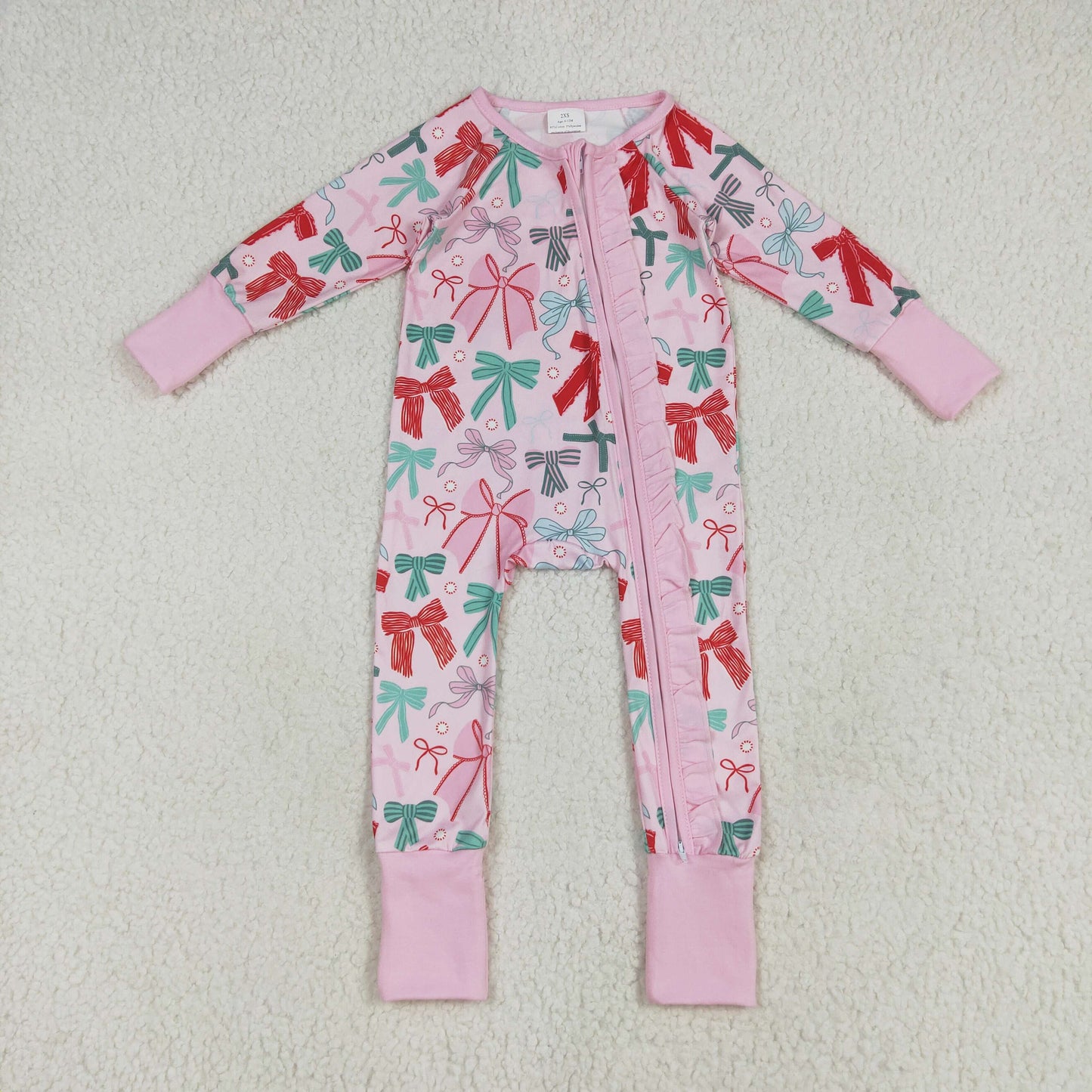 Custom moq 20 bamboo red green bows pink long sleeve zipper girls romper