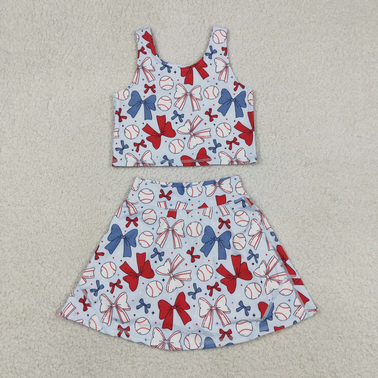 GSD2151 yoga July 4th red blue bows sleeveless skirt with shorts girls set
