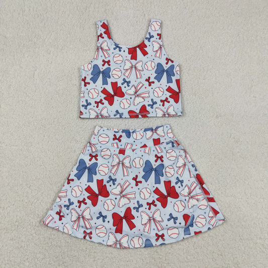 GSD2151 yoga July 4th red blue bows sleeveless skirt with shorts girls set