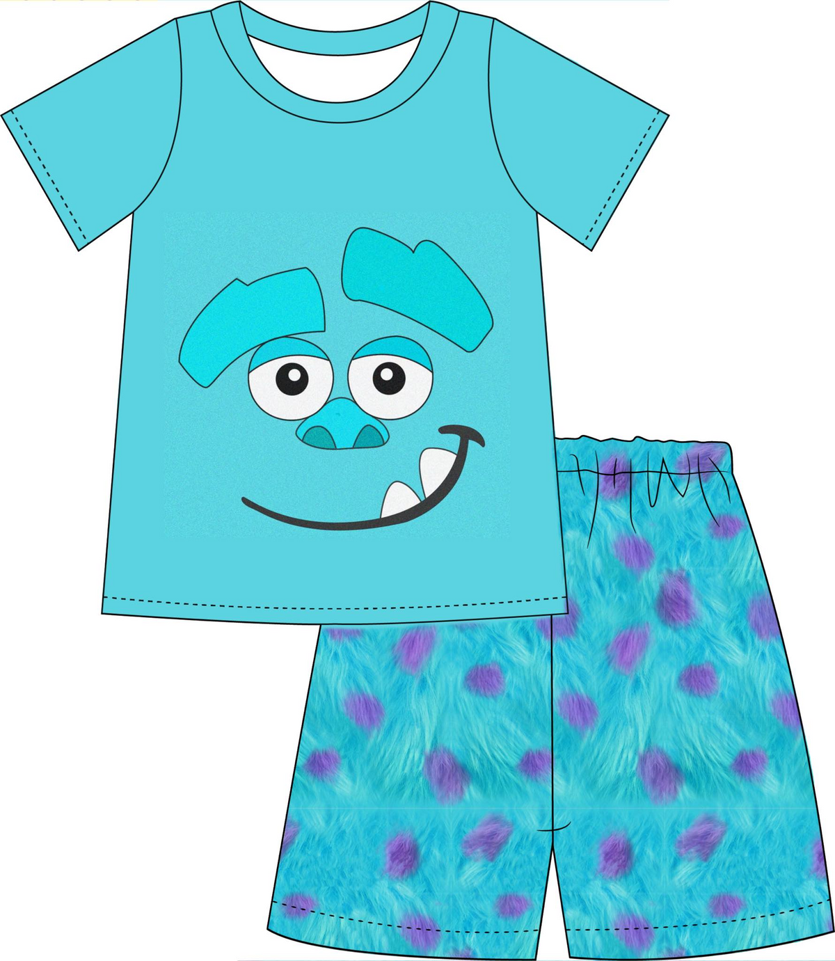 custom style cartoon monster blue short sleeve shorts boys set tat 6-8 weeks