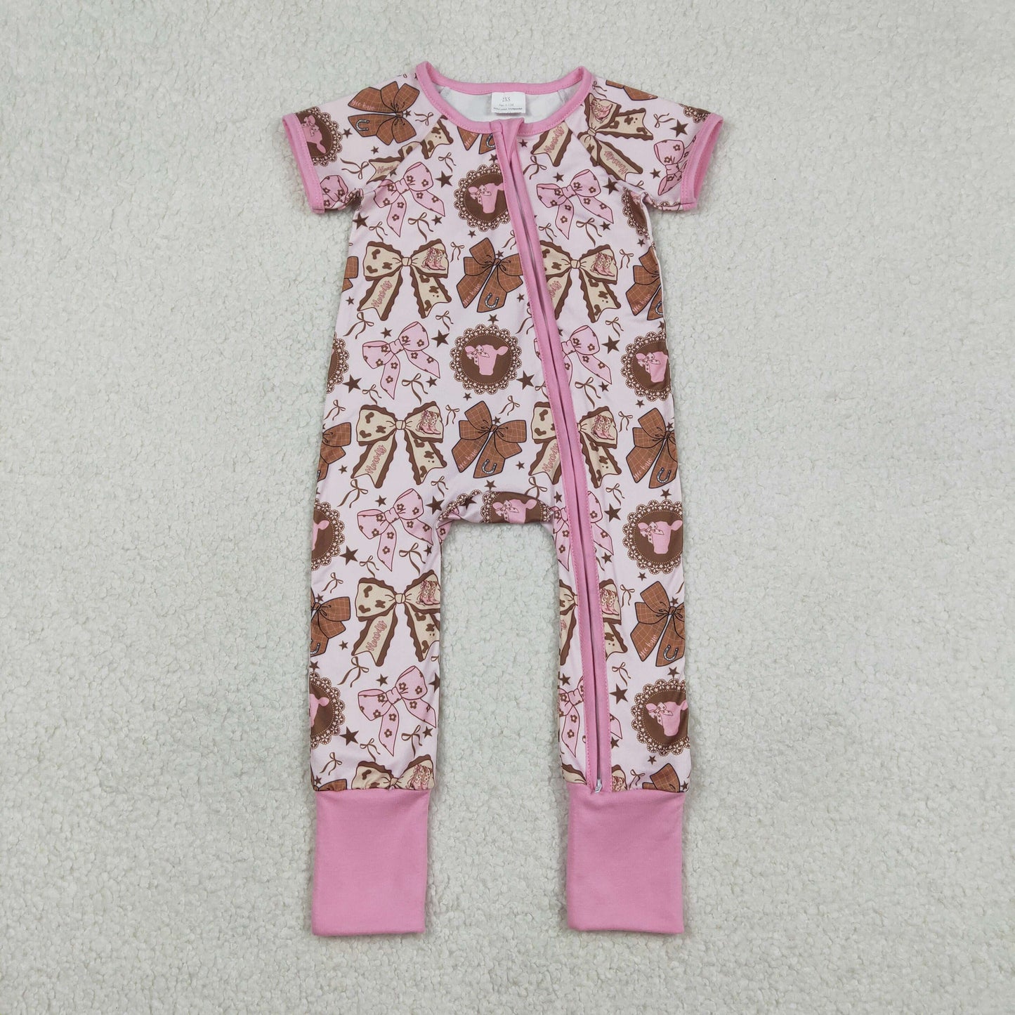 SR3763 Cow Bows Pink Zipper Short Sleeve Girls Romper