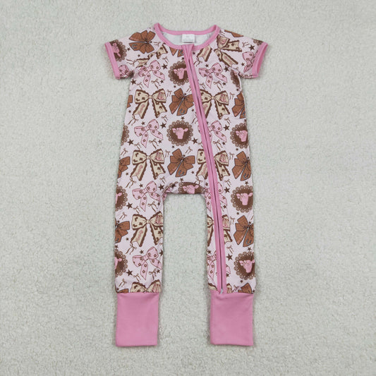 SR3763 Cow Bows Pink Zipper Short Sleeve Girls Romper