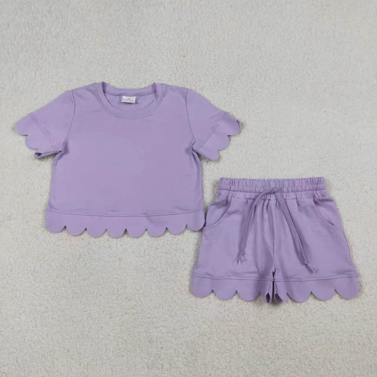 Solid Color Scallop Short Sleeve Shorts Girls Set RTS Sibling Clothes