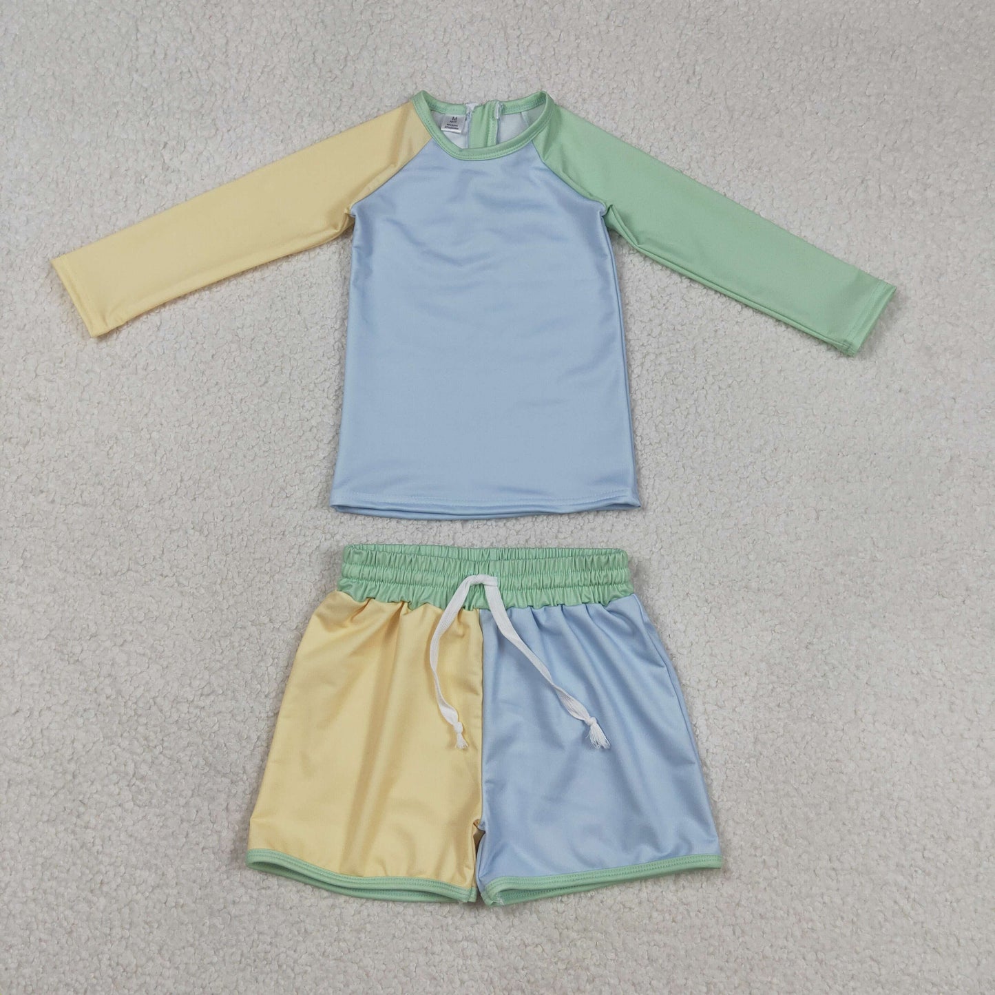 S0634 Yellow Mint Green Blue Long Sleeve Shorts Boys Swimsuits