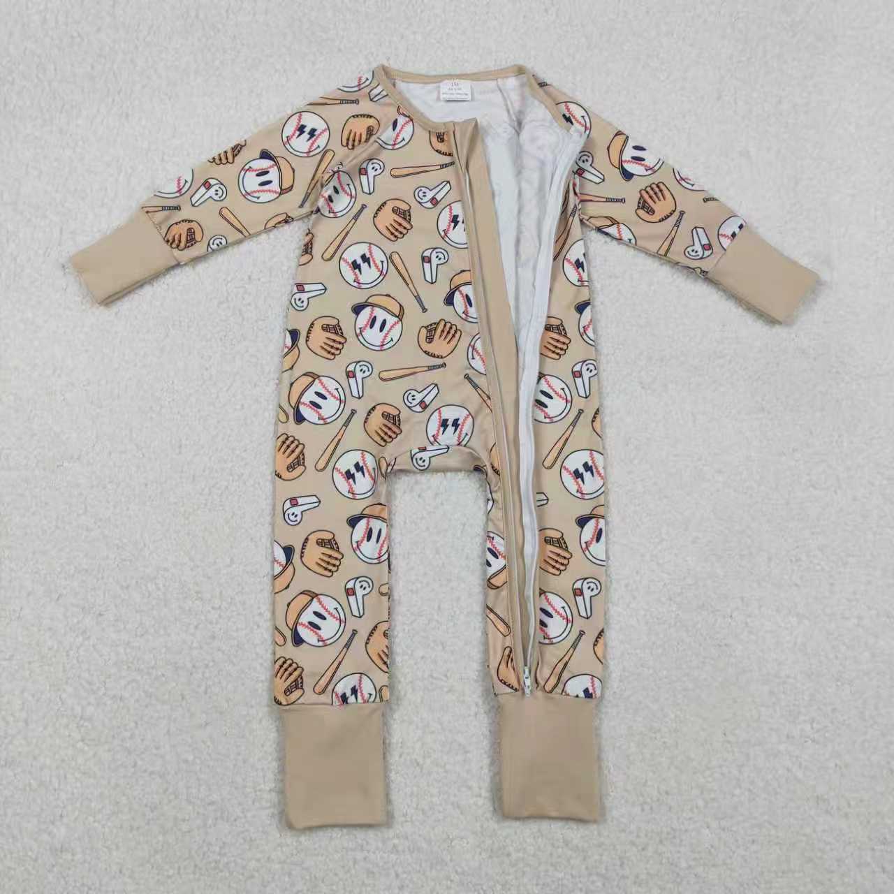 Smile Basseball Khaki Romper/Pajamas RTS Sibling Clothes